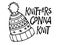 Knitters gonna knit sign for handmade products. Hand drawn lettering with wool knitted cap sketch. Logo for your product
