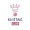 Knitting club vector template logo. Freehand drawn line crown an