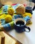 Knitting colors of the symbol of Ukraine and coffee, peace and relaxation