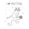 Knitting  composition with a cat and a ball of woolen yarn in a doodle style. Vector illustration