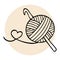 Knitting icon, hand-drawn skein of thread and crochet hook. Hobby concept. Illustration, print