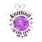 Knitting with love, lettering. Ball of yarn with needles logo or label. Vector illustration