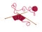 Knitting pattern on wooden needles of woolen threads red color