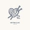 Knitting shop line logo. Yarn store flat sign, illustration of wool skeins with knitting needles