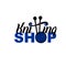 Knitting shop logotype handwritten inscription decorated with yearn ball, needles, buttons. Lettering quote. Vector