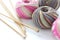 Knitting sock yarn balls with noodles