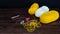 Knitting white and yellow balls with crocheting accessories