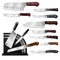 Knives vector butcher meat knife set chef cutting with kitchen drawknife or cleaver and sharp knifepoint illustration