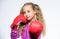 Knockout and energy. Sport success. Sport and sportswear fashion. training with coach. Fight. little girl in boxing