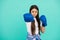 knockout. power and authority. teen girl in sportswear boxing gloves. sport challenge. punching.