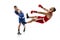 Knockout punch. Two male professional boxers boxing  on white studio background. Concept of sport, competition