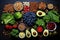 Knolling of high fiber foods : Walnuts, Broccoli, Beans, Berries, Avocado, Popcorn, Apples - AI Generated