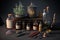 Knolling Medieval Apotheke Pharmacy Objects, Herbs, Powders, Bottles and Measuring tools, AI Generative