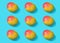 Knolling pattern from ripe juicy mangoes on mint blue background. Creative minimalist flat lay. Vitamins vegan healthy diet
