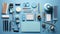 Knolling picture showing drawing equipment and paper. Theme colour is light blue