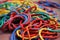knotted, colorful climbing ropes on the ground