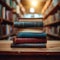 Knowledge hub Stacks of books, wooden table, blurred bookshelf environment