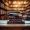 Knowledge hub Stacks of books, wooden table, blurred bookshelf environment