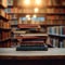 Knowledge hub Stacks of books, wooden table, blurred bookshelf environment