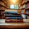 Knowledge hub Stacks of books, wooden table, blurred bookshelf environment