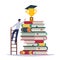 Knowledge leads success. Man climbs stairs for gold award, goblet on stack of books, college or university graduation