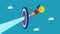 Knowledge leads to goals. businesswoman flying with a light bulb crashes into a target. vector