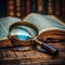 Knowledge lens Magnifying glass explores vintage literature, education, and wisdom