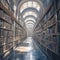 Knowledge pathway Corridor among bookcases in a serene library setting