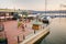Knysna city center harbor marina at sunset and restaurants, Garden Route, South Africa,