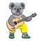 Koala animal character with guitar in sneakers and shorts on white isolated background. Vector image