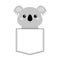 Koala bear head face sitting in the pocket. Doodle linear sketch. Cute cartoon character. T-shirt design. Dash line. Pet animal. G