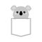 Koala bear head face sitting in the pocket. Holding hands. Cute cartoon character. T-shirt design. Dash line. Pet animal. White bl