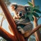 Koala bear sitting in eucalyptus tree, holding a eucalyptus leaf