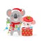 Koala Bear and Small Rat Kid. Christmas Card With Funny Rat And Koala. Little Mouse With Gift Box.