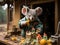 Koala firefighter sprays water on toy house