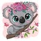 Koala with flowers on a tree on a pink background