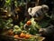 Koala gardener with tiny watering can in green garden