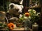 Koala gardener with watering can in lush garden