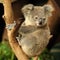 Koala joey is sitting on a branch