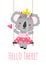 A koala princess with a crown,flowers,dress sits on a swing and says hello.Illustration for a card,invitation,posters