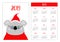 Koala in red ugly christmas sweater , Santa hat, glasses. Simple pocket calendar layout 2019 new year. Week starts Sunday. Cartoon