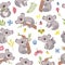 Koala seamless pattern. Cartoon cute australian bear texture. Forest animals with eucalyptus trees and leaves. Vector