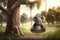 Koala sits in a wooden swing under a tree AI generated content