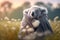 Koala snuggles up in a blanket in a meadow AI generated content