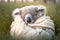 Koala snuggles up in a blanket in a meadow AI generated content
