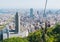 Kobe cityscape skyline and port with cable car view from mountain.