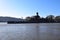 Koblenz, Germany - 02 27 2022: Deutsches Eck, MoselmÃ¼ndung with statue and flags