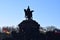 Koblenz, Germany - 02 27 2022: Deutsches Eck with the statue from 1897 above the modern German states\\\' flags