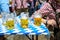 Koblenz Germany 27.09.2019 Close-up of bavarian beer glasses 1 liter bitburger Beer on table decoation at Octoberfest