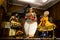 Kochi, India - 20 september 2019: kathakali actors with costumes acting during performance of this classic theatre form in kerala